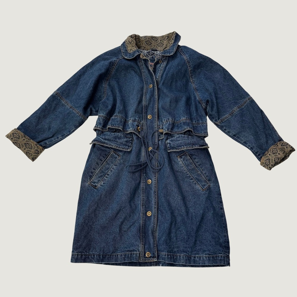 Vintage Current Seen Women's M Denim Duster Coat Paisley Trim 90s Jean Jacket